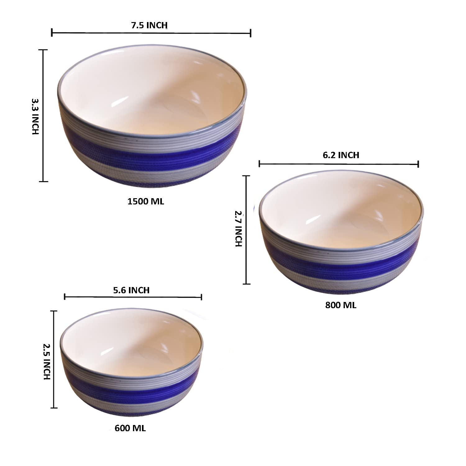 Kunhar Ceramic Mixing Bowls - 1500 ML, 800 ML and 600 ML, 3 Pieces, Monsoon - Image 2