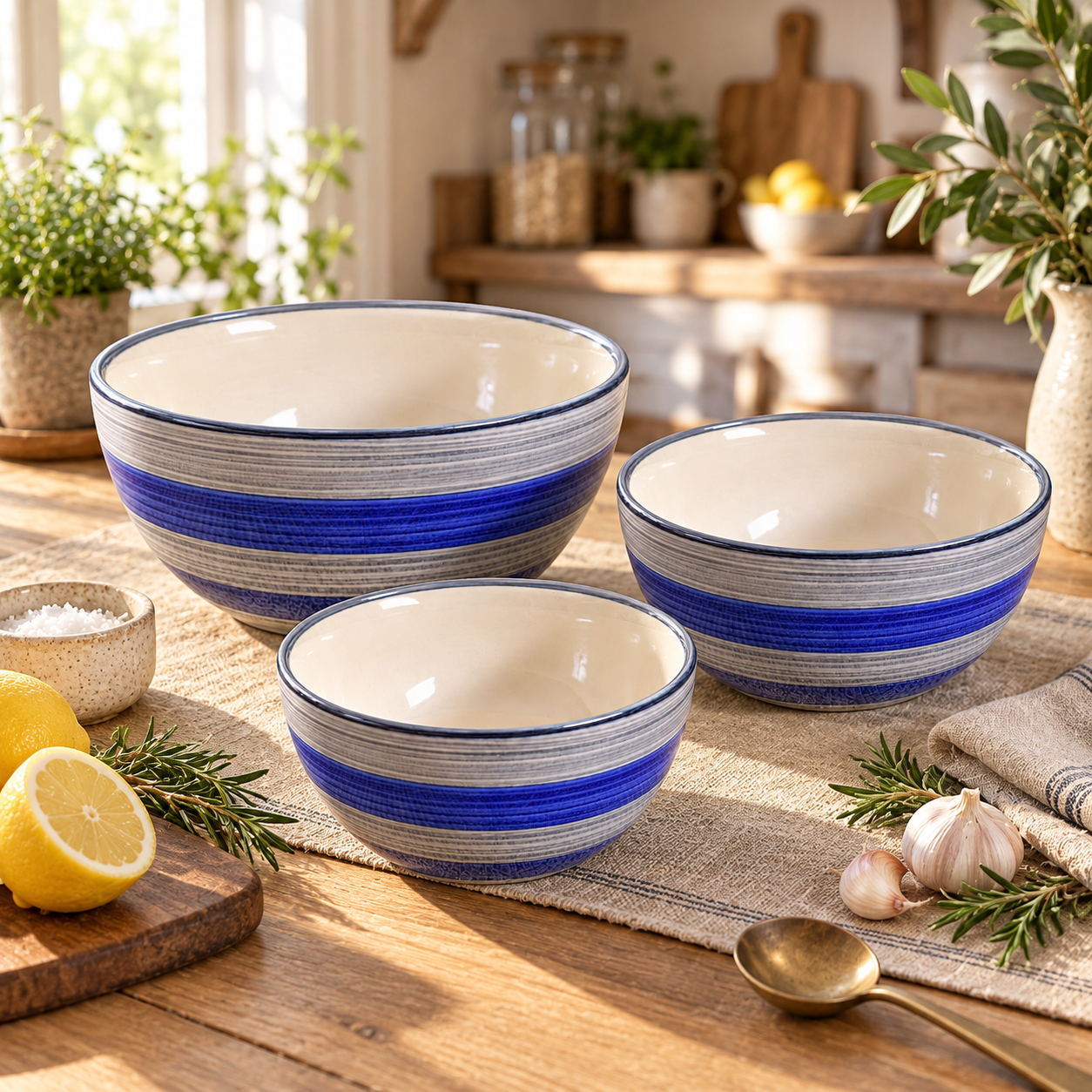 KunhaR Ceramic Mixing Bowl Set, 1500 ml, 800 ml & 600 ml, Monsoon | Set of 3 Nesting Bowls for Mixing, Serving, Salad, Pasta, Snacks & Kitchen Prep
