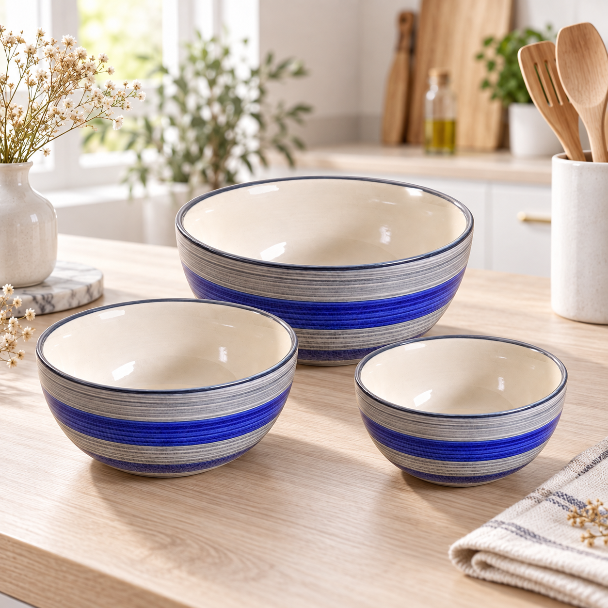 KunhaR Ceramic Mixing Bowl Set, 1500 ml, 800 ml & 600 ml, Monsoon | Set of 3 Nesting Bowls for Mixing, Serving, Salad, Pasta, Snacks & Kitchen Prep - Image 2