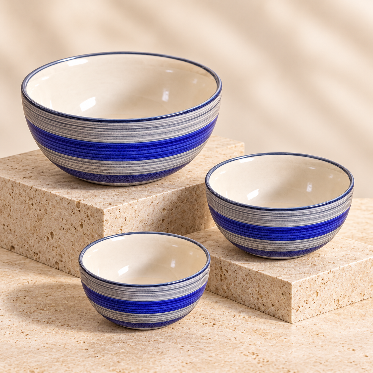 KunhaR Ceramic Mixing Bowl Set, 1500 ml, 800 ml & 600 ml, Monsoon | Set of 3 Nesting Bowls for Mixing, Serving, Salad, Pasta, Snacks & Kitchen Prep - Image 6