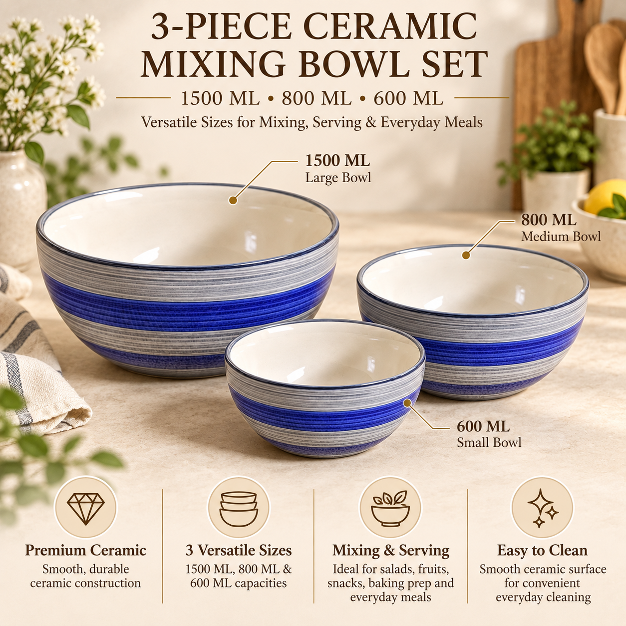 KunhaR Ceramic Mixing Bowl Set, 1500 ml, 800 ml & 600 ml, Monsoon | Set of 3 Nesting Bowls for Mixing, Serving, Salad, Pasta, Snacks & Kitchen Prep - Image 7