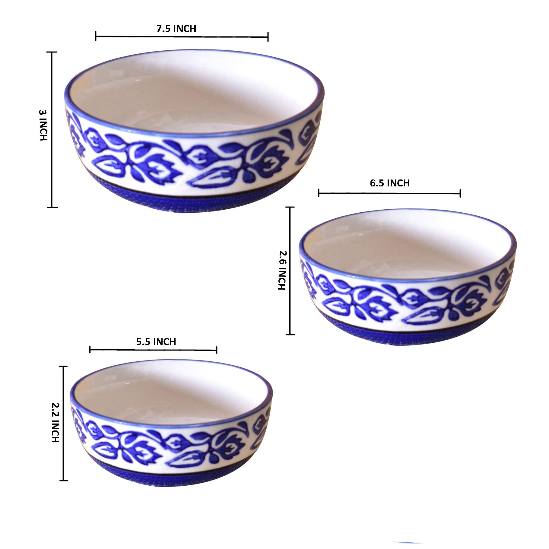 Kunhar Ceramic Mixing Bowls - 1500 ML, 800 ML and 600 ML, 3 Pieces, Blue - Image 2