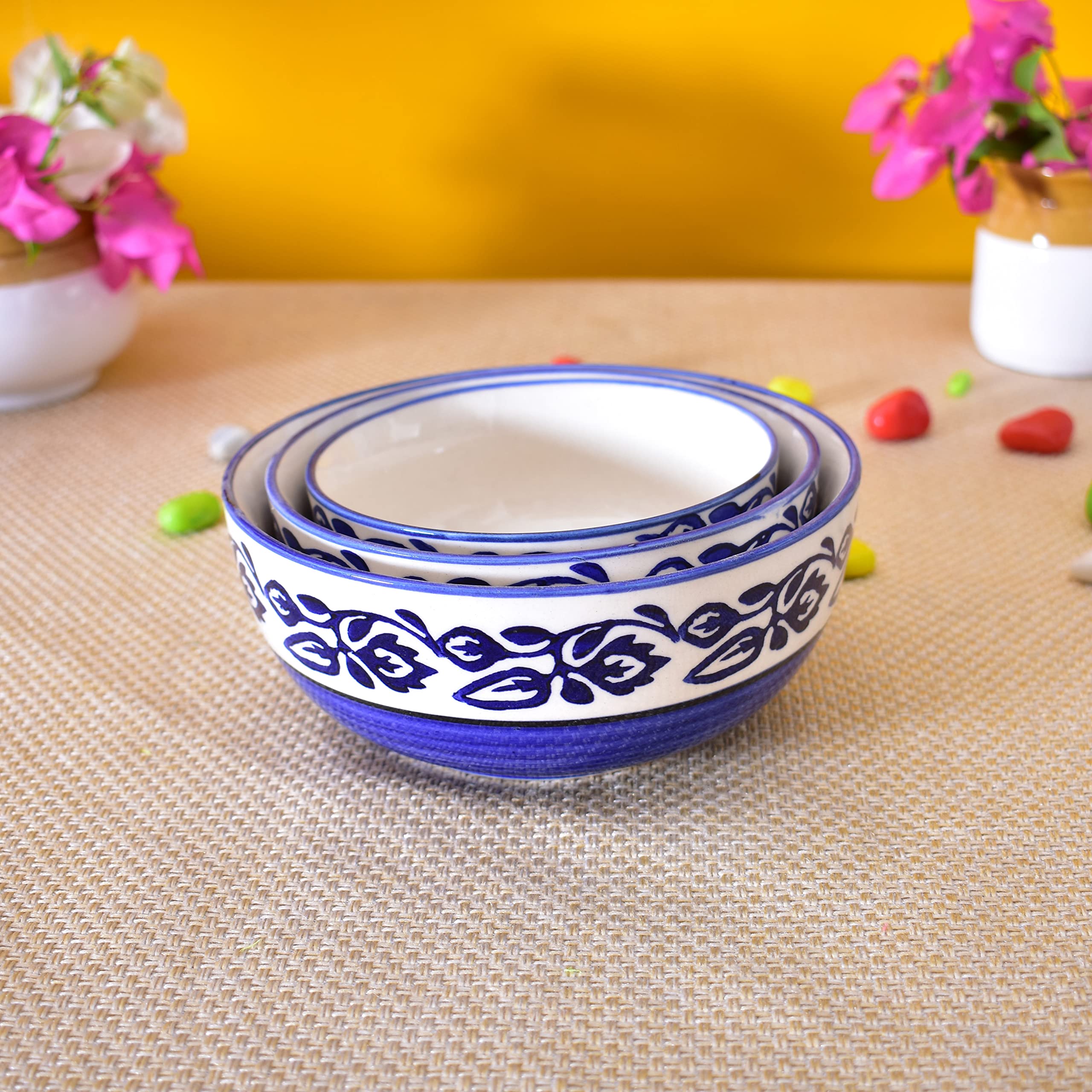 Kunhar Ceramic Mixing Bowls - 1500 ML, 800 ML and 600 ML, 3 Pieces, Blue - Image 3