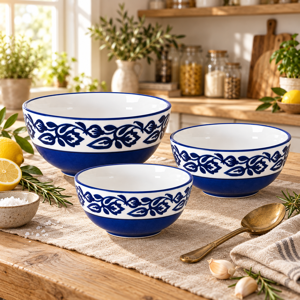 KunhaR Ceramic Mixing Bowl Set, 1500 ml, 800 ml & 600 ml, Blue Vine | Set of 3 Nesting Bowls for Mixing, Serving, Salad, Pasta, Snacks & Kitchen Prep