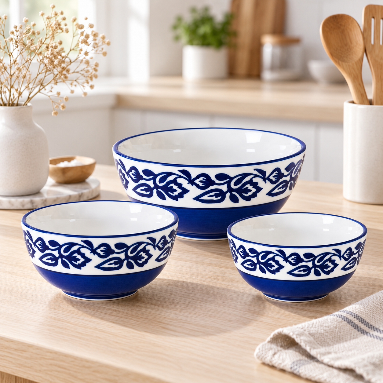 KunhaR Ceramic Mixing Bowl Set, 1500 ml, 800 ml & 600 ml, Blue Vine | Set of 3 Nesting Bowls for Mixing, Serving, Salad, Pasta, Snacks & Kitchen Prep - Image 2