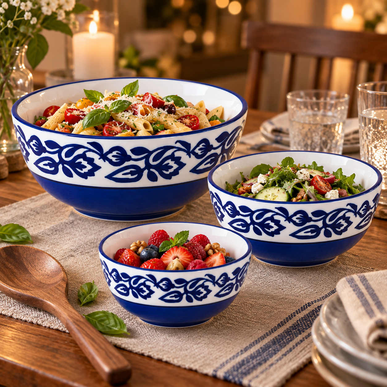 KunhaR Ceramic Mixing Bowl Set, 1500 ml, 800 ml & 600 ml, Blue Vine | Set of 3 Nesting Bowls for Mixing, Serving, Salad, Pasta, Snacks & Kitchen Prep - Image 3