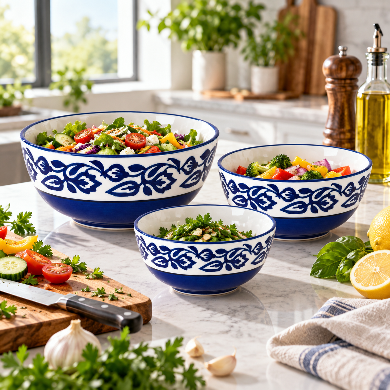 KunhaR Ceramic Mixing Bowl Set, 1500 ml, 800 ml & 600 ml, Blue Vine | Set of 3 Nesting Bowls for Mixing, Serving, Salad, Pasta, Snacks & Kitchen Prep - Image 4