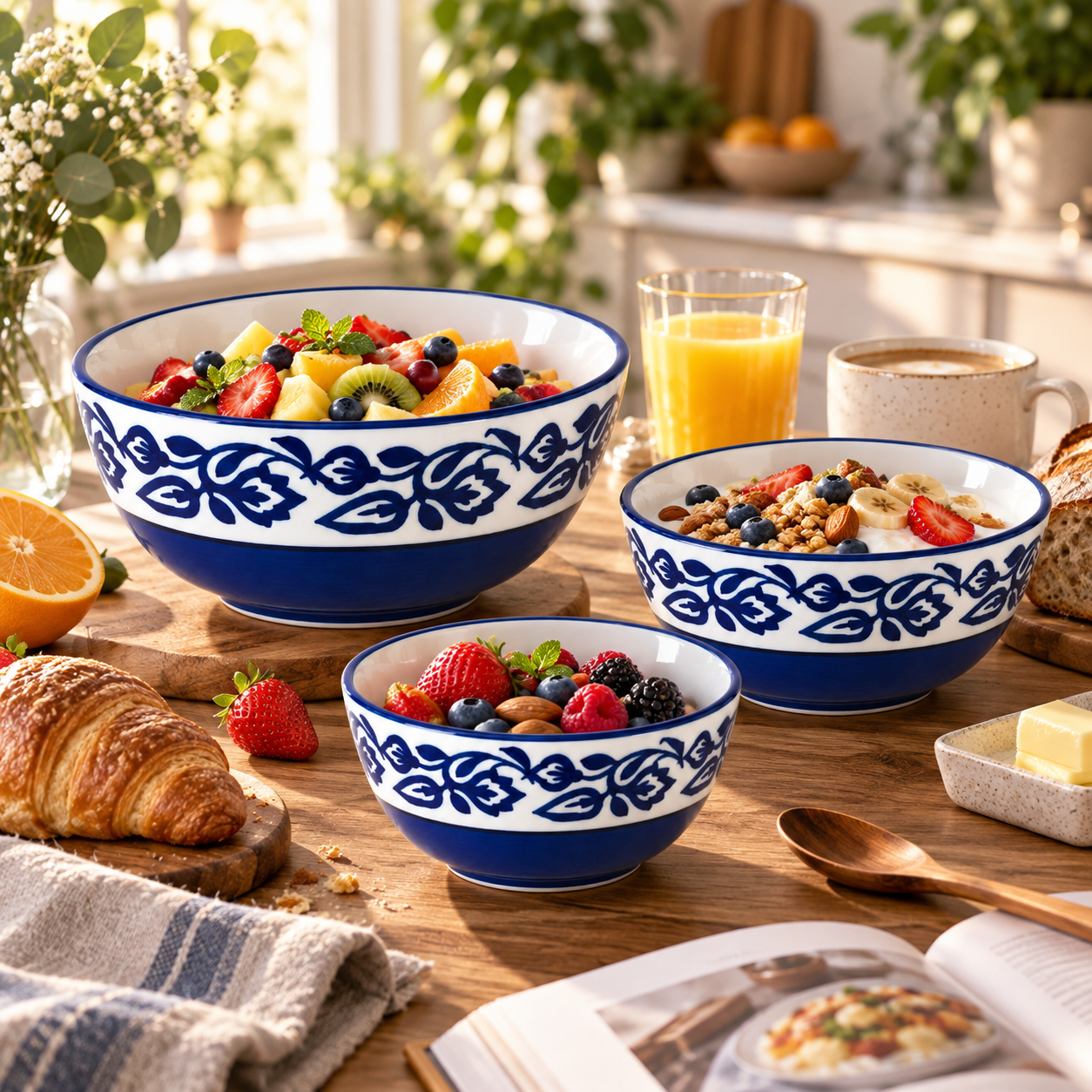 KunhaR Ceramic Mixing Bowl Set, 1500 ml, 800 ml & 600 ml, Blue Vine | Set of 3 Nesting Bowls for Mixing, Serving, Salad, Pasta, Snacks & Kitchen Prep - Image 5