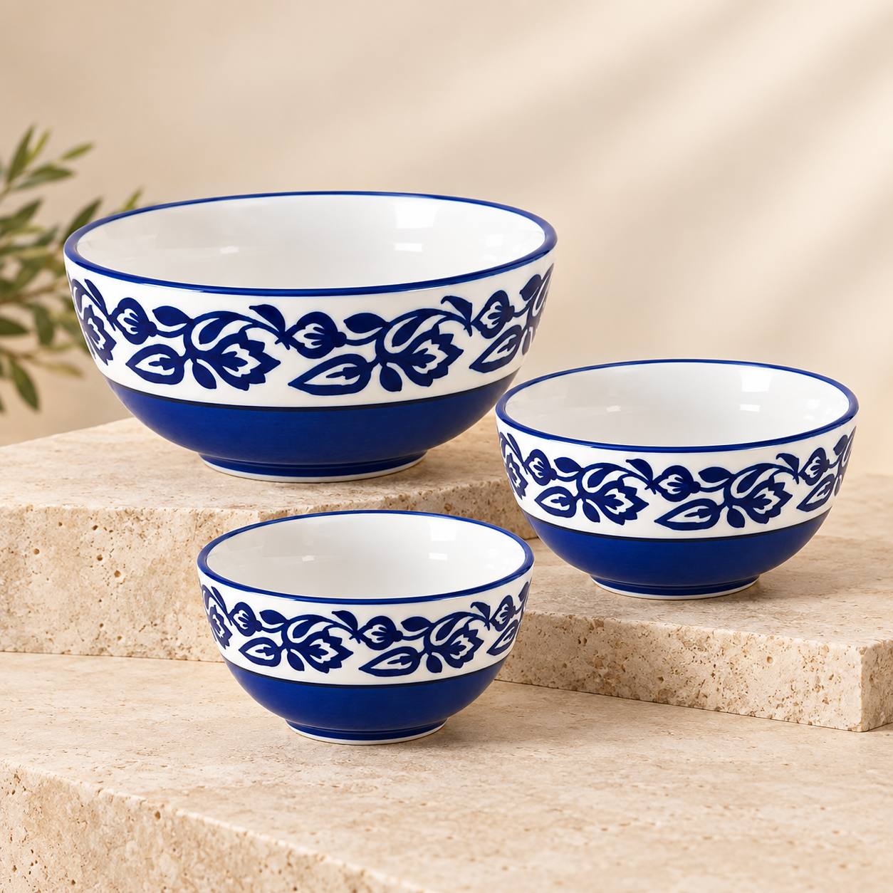 KunhaR Ceramic Mixing Bowl Set, 1500 ml, 800 ml & 600 ml, Blue Vine | Set of 3 Nesting Bowls for Mixing, Serving, Salad, Pasta, Snacks & Kitchen Prep - Image 6