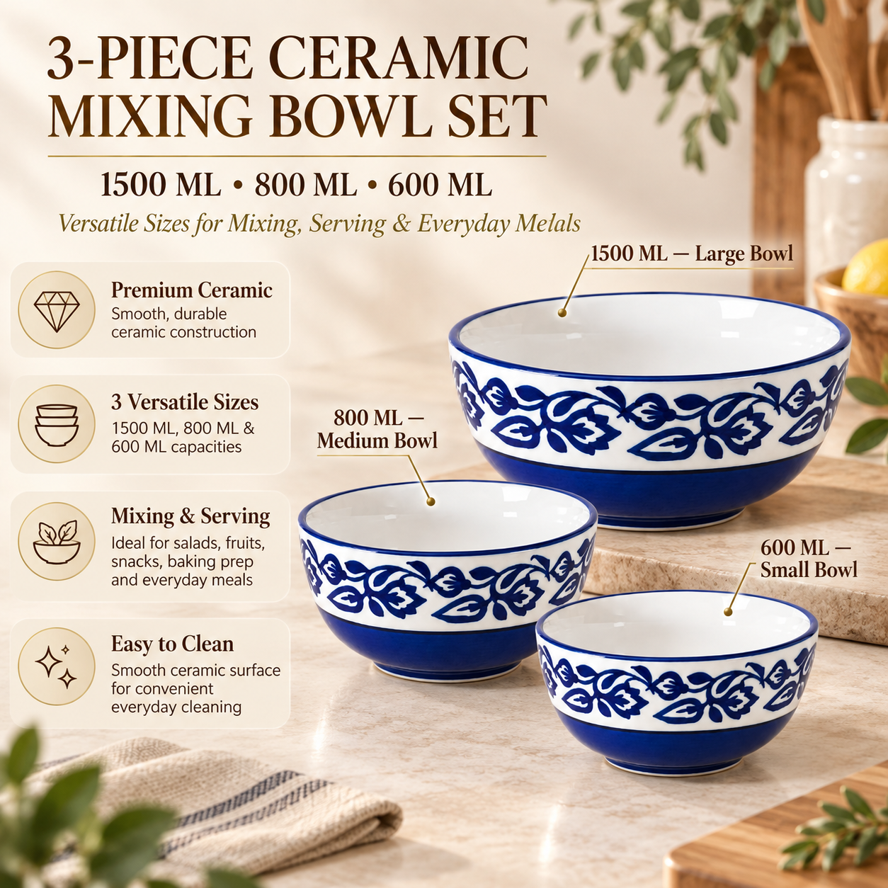 KunhaR Ceramic Mixing Bowl Set, 1500 ml, 800 ml & 600 ml, Blue Vine | Set of 3 Nesting Bowls for Mixing, Serving, Salad, Pasta, Snacks & Kitchen Prep - Image 7