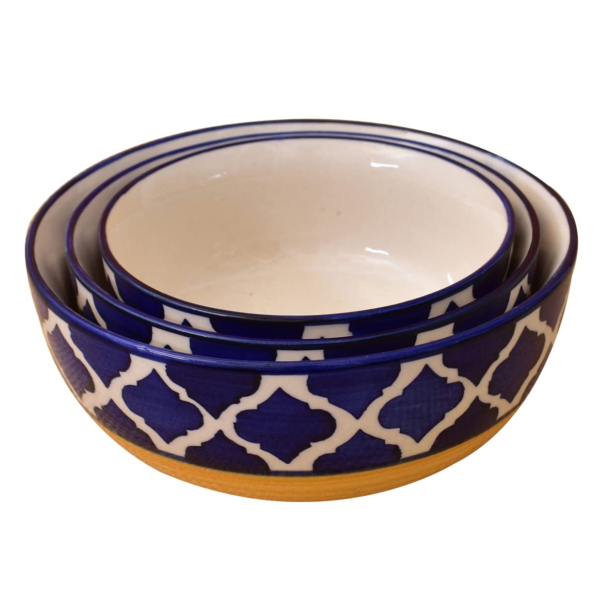 Kunhar Ceramic Mixing Bowls - 1500 ML, 800 ML and 600 ML, 3 Pieces, Yellow Blue Chidi