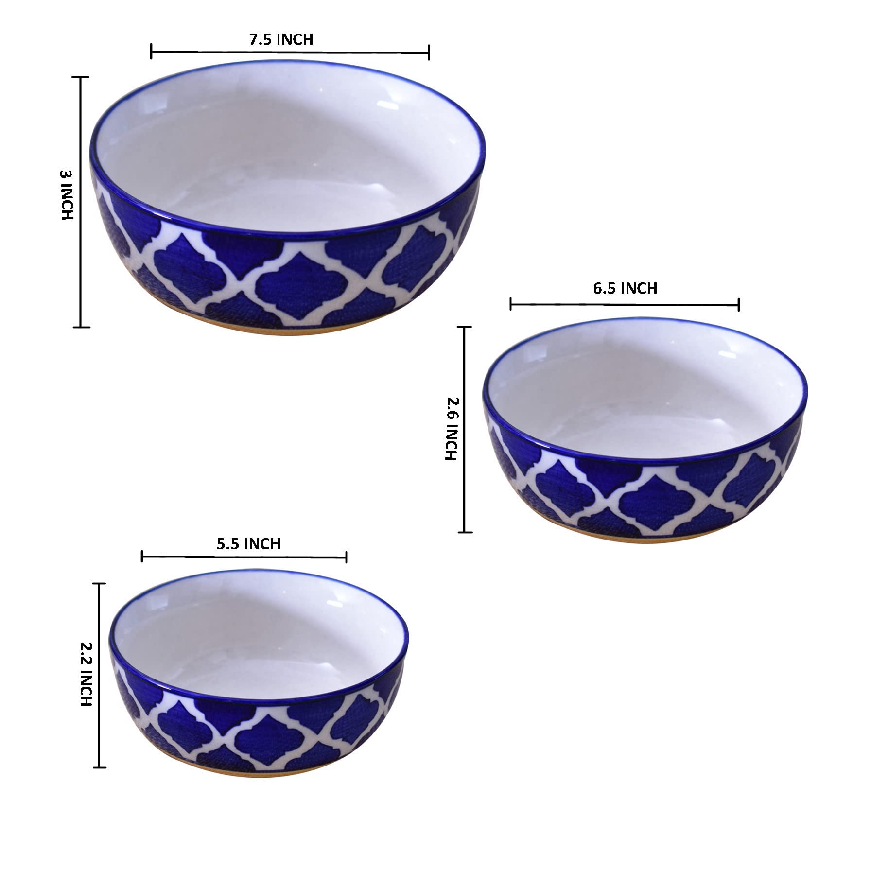 Kunhar Ceramic Mixing Bowls - 1500 ML, 800 ML and 600 ML, 3 Pieces, Yellow Blue Chidi - Image 2