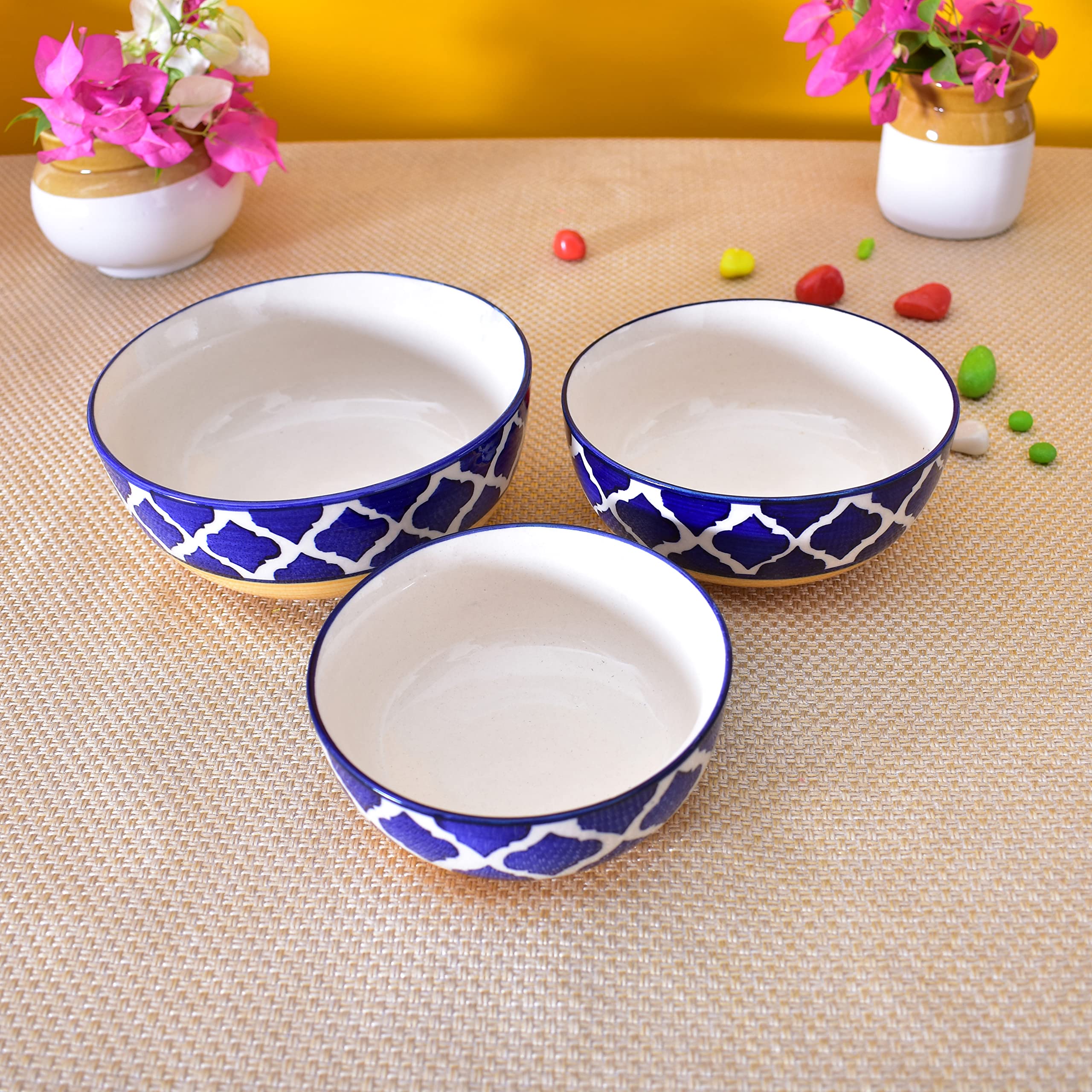 Kunhar Ceramic Mixing Bowls - 1500 ML, 800 ML and 600 ML, 3 Pieces, Yellow Blue Chidi - Image 4