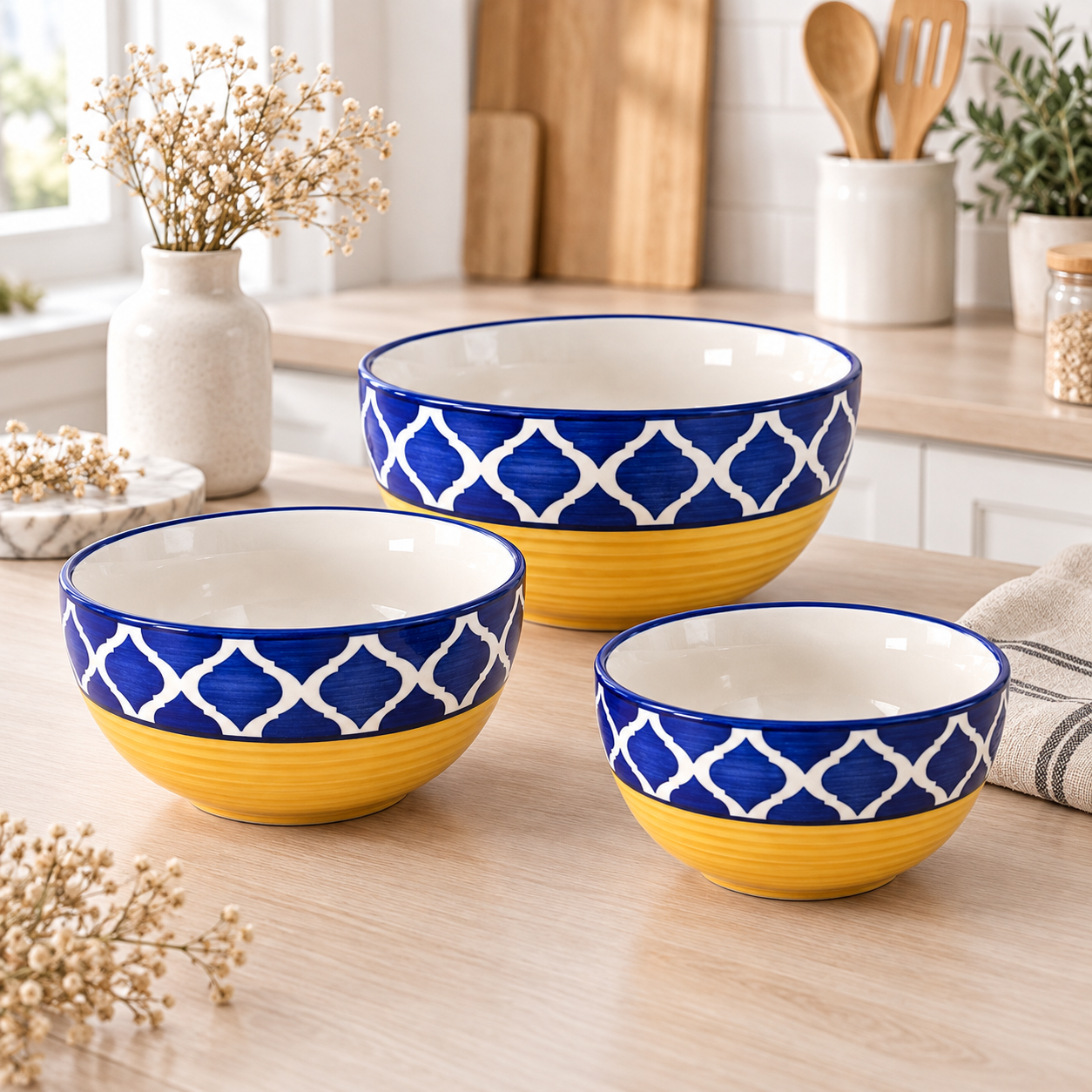 KunhaR Ceramic Mixing Bowl Set, 1500 ml, 800 ml & 600 ml, Yellow Blue Chidi | Set of 3 Nesting Bowls for Mixing, Serving, Salad, Pasta, Snacks & Kitchen Prep - Image 2