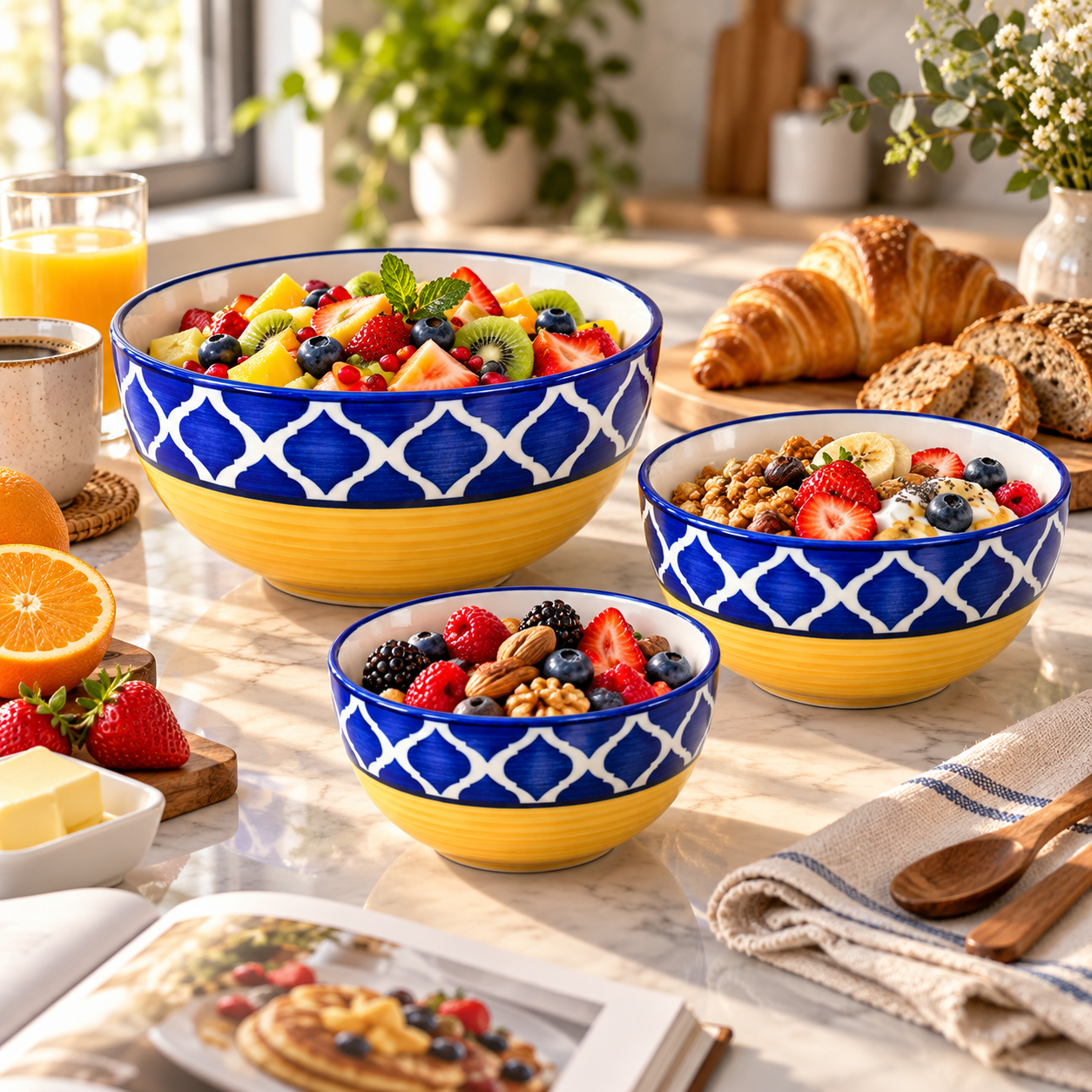 KunhaR Ceramic Mixing Bowl Set, 1500 ml, 800 ml & 600 ml, Yellow Blue Chidi | Set of 3 Nesting Bowls for Mixing, Serving, Salad, Pasta, Snacks & Kitchen Prep - Image 3