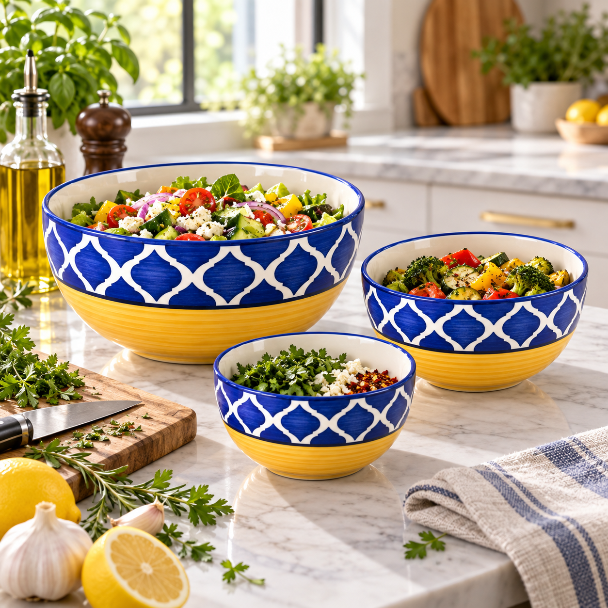 KunhaR Ceramic Mixing Bowl Set, 1500 ml, 800 ml & 600 ml, Yellow Blue Chidi | Set of 3 Nesting Bowls for Mixing, Serving, Salad, Pasta, Snacks & Kitchen Prep - Image 4