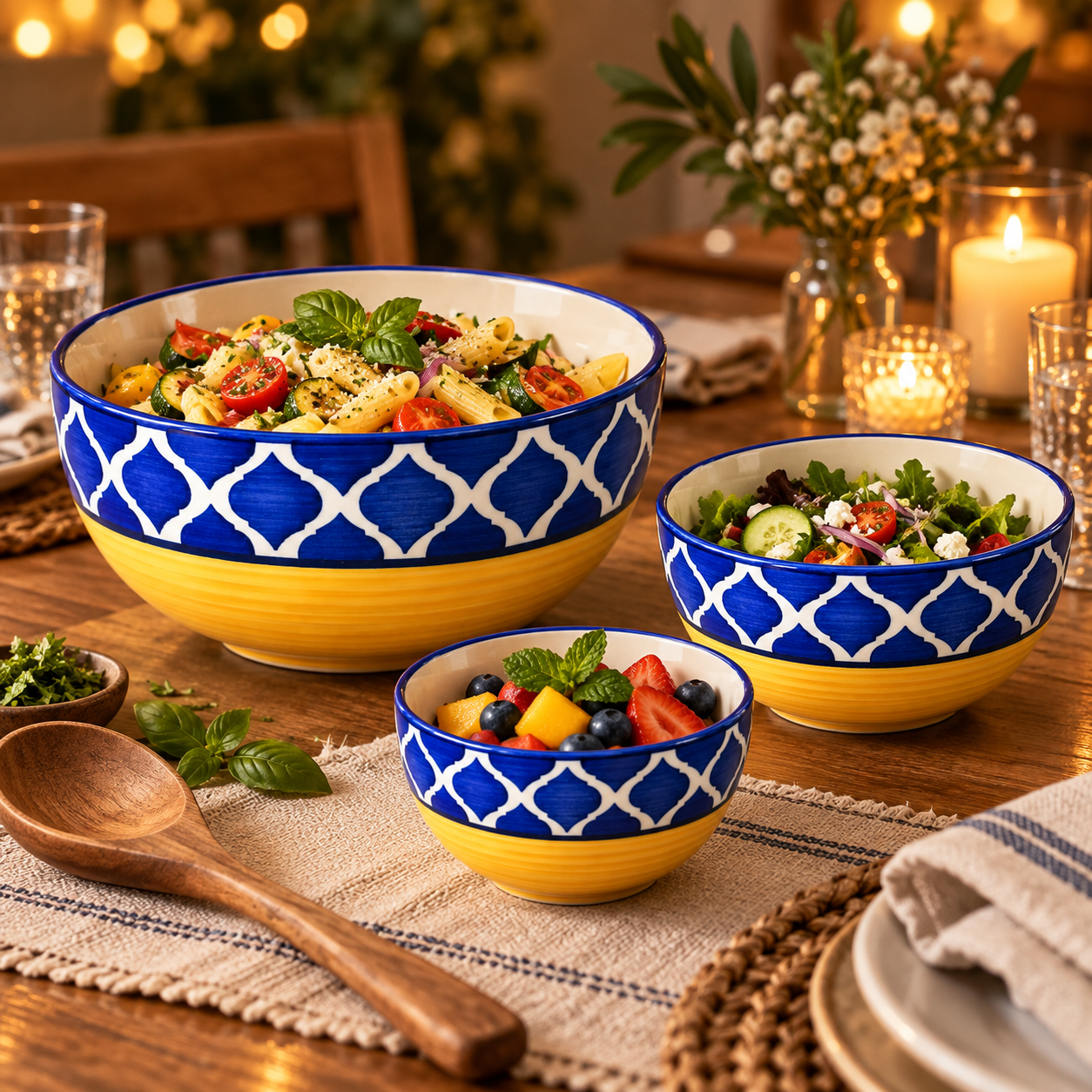 KunhaR Ceramic Mixing Bowl Set, 1500 ml, 800 ml & 600 ml, Yellow Blue Chidi | Set of 3 Nesting Bowls for Mixing, Serving, Salad, Pasta, Snacks & Kitchen Prep - Image 5