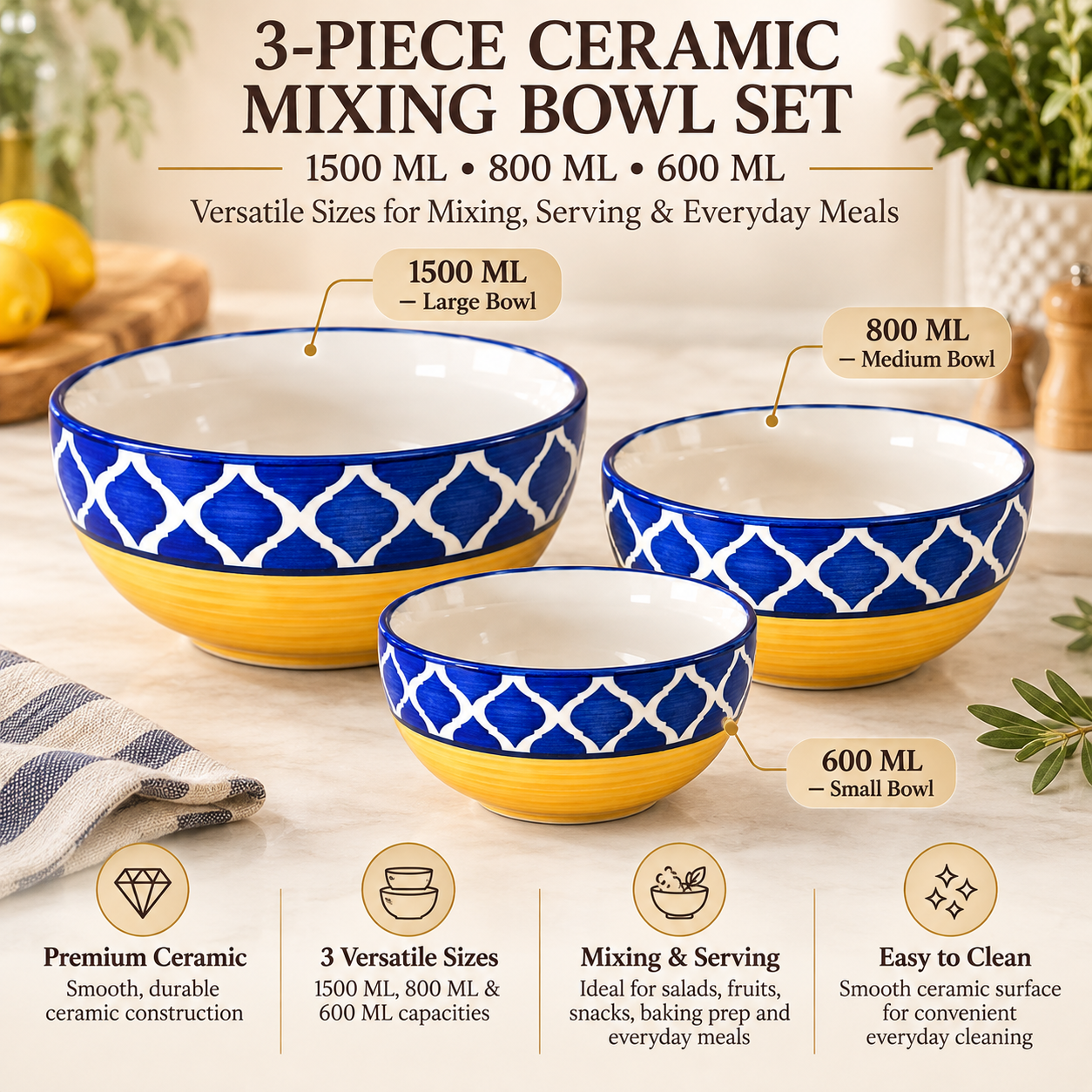 KunhaR Ceramic Mixing Bowl Set, 1500 ml, 800 ml & 600 ml, Yellow Blue Chidi | Set of 3 Nesting Bowls for Mixing, Serving, Salad, Pasta, Snacks & Kitchen Prep - Image 7