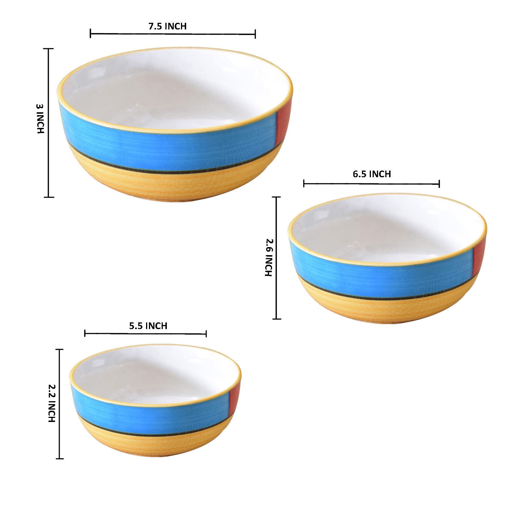 Kunhar Ceramic Mixing Bowls - 1500 ML, 800 ML and 600 ML, 3 Pieces, Yellow - Image 2
