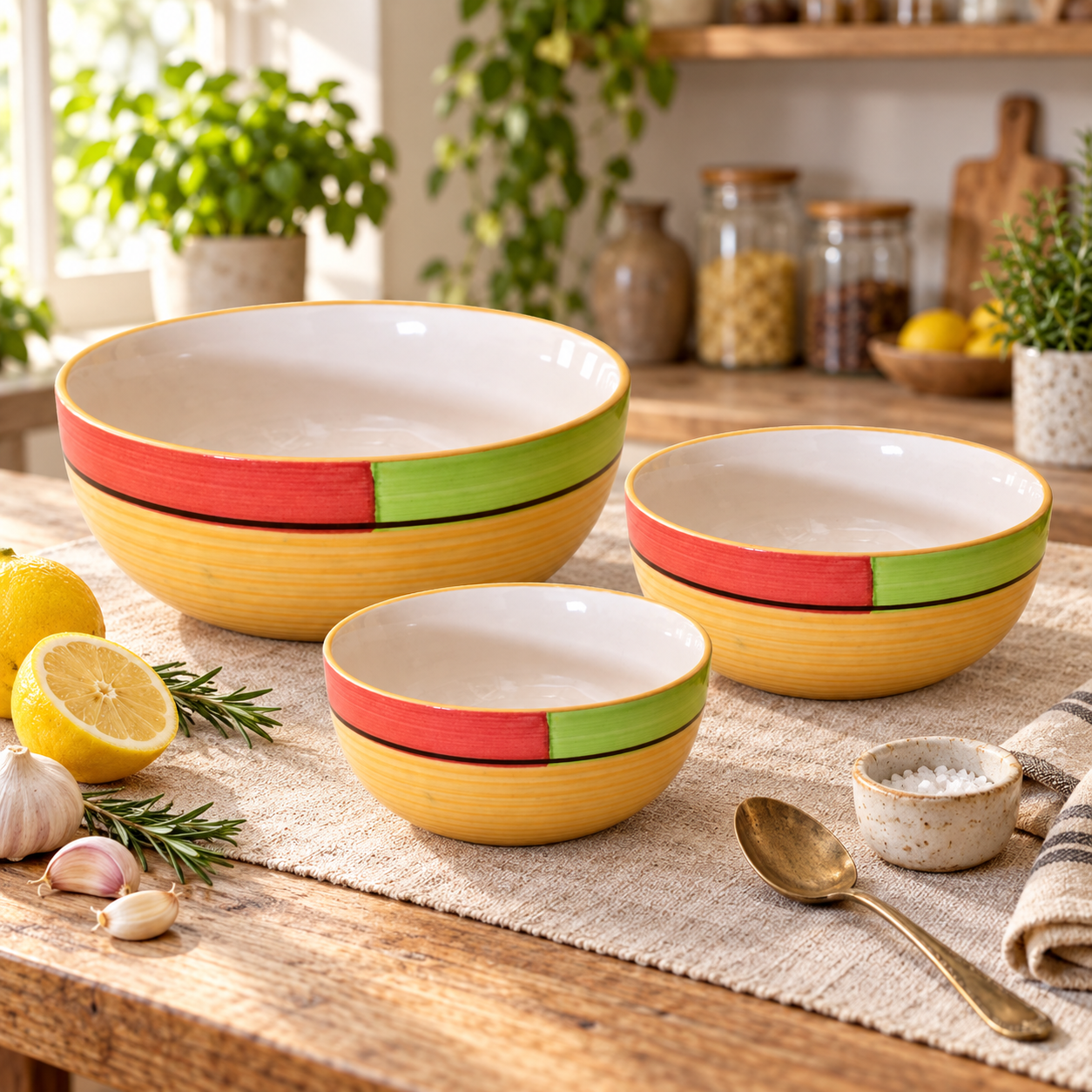 KunhaR Ceramic Mixing Bowl Set, 1500 ml, 800 ml & 600 ml, Yellow | Set of 3 Nesting Bowls for Mixing, Serving, Salad, Pasta, Snacks & Kitchen Prep