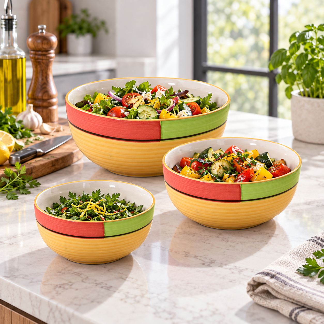 KunhaR Ceramic Mixing Bowl Set, 1500 ml, 800 ml & 600 ml, Yellow | Set of 3 Nesting Bowls for Mixing, Serving, Salad, Pasta, Snacks & Kitchen Prep - Image 3