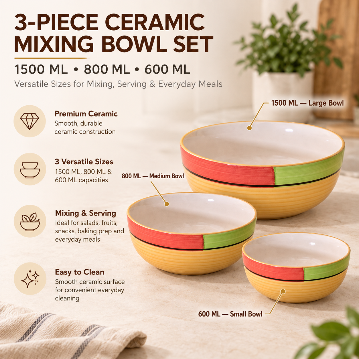 KunhaR Ceramic Mixing Bowl Set, 1500 ml, 800 ml & 600 ml, Yellow | Set of 3 Nesting Bowls for Mixing, Serving, Salad, Pasta, Snacks & Kitchen Prep - Image 7