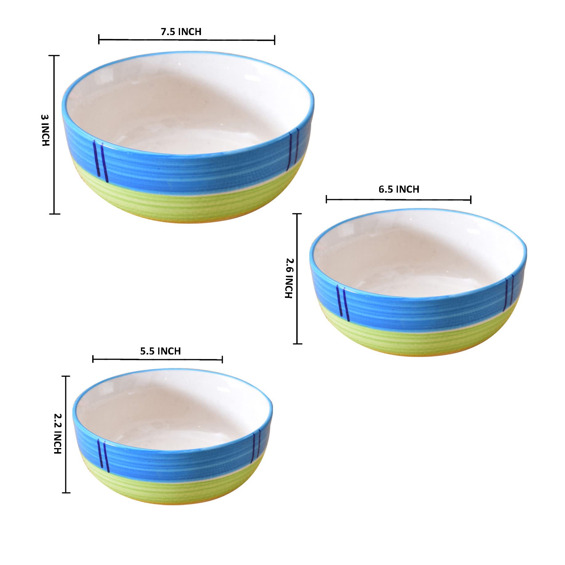 Kunhar Ceramic Mixing Bowls - 1500 ML, 800 ML and 600 ML, 3 Pieces, Green - Image 2