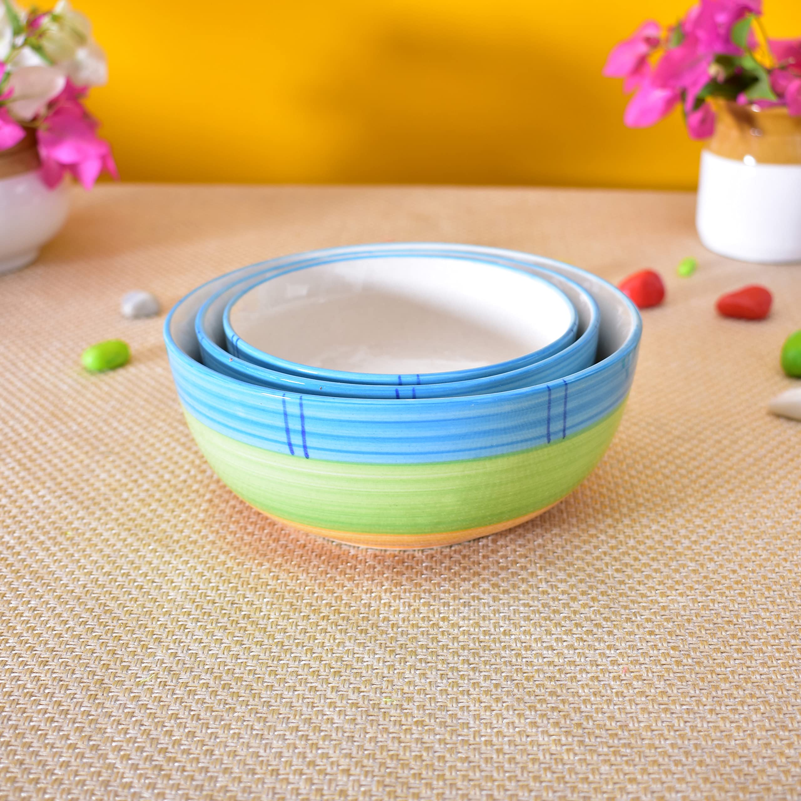 Kunhar Ceramic Mixing Bowls - 1500 ML, 800 ML and 600 ML, 3 Pieces, Green - Image 3