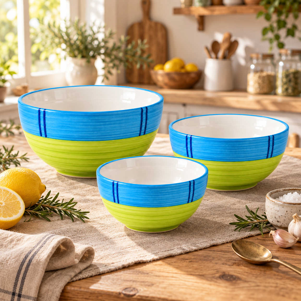 KunhaR Ceramic Mixing Bowl Set, 1500 ml, 800 ml & 600 ml, Green | Set of 3 Nesting Bowls for Mixing, Serving, Salad, Pasta, Snacks & Kitchen Prep