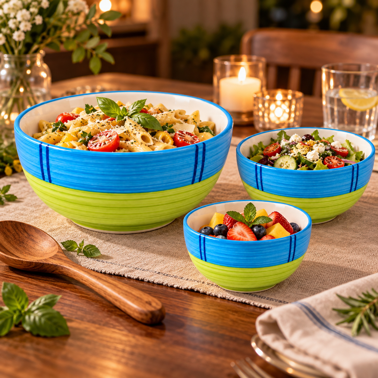 KunhaR Ceramic Mixing Bowl Set, 1500 ml, 800 ml & 600 ml, Green | Set of 3 Nesting Bowls for Mixing, Serving, Salad, Pasta, Snacks & Kitchen Prep - Image 3