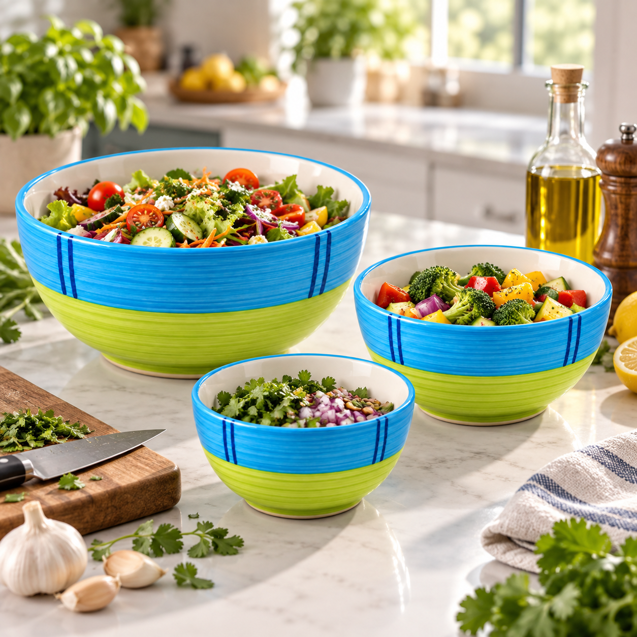 KunhaR Ceramic Mixing Bowl Set, 1500 ml, 800 ml & 600 ml, Green | Set of 3 Nesting Bowls for Mixing, Serving, Salad, Pasta, Snacks & Kitchen Prep - Image 4