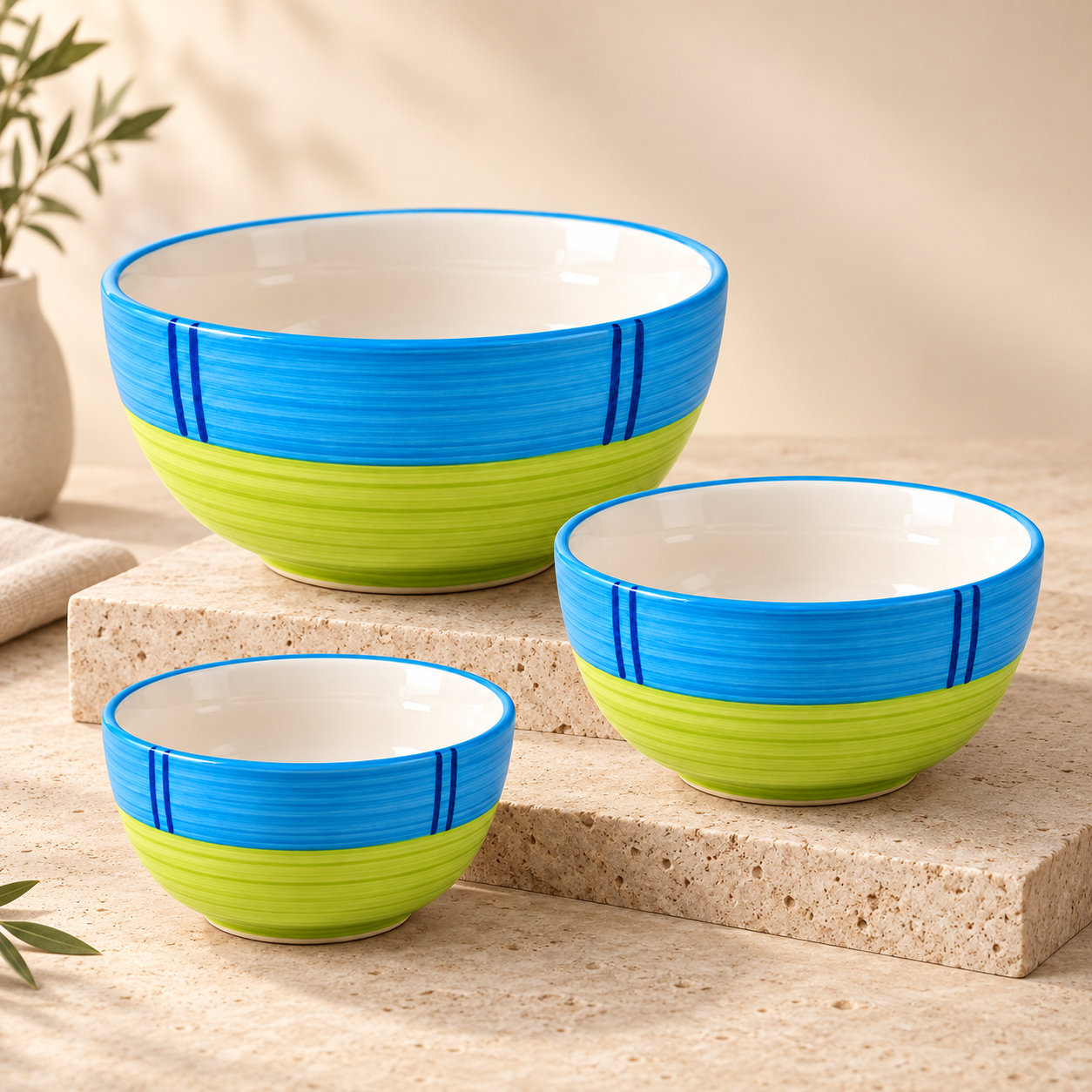 KunhaR Ceramic Mixing Bowl Set, 1500 ml, 800 ml & 600 ml, Green | Set of 3 Nesting Bowls for Mixing, Serving, Salad, Pasta, Snacks & Kitchen Prep - Image 6