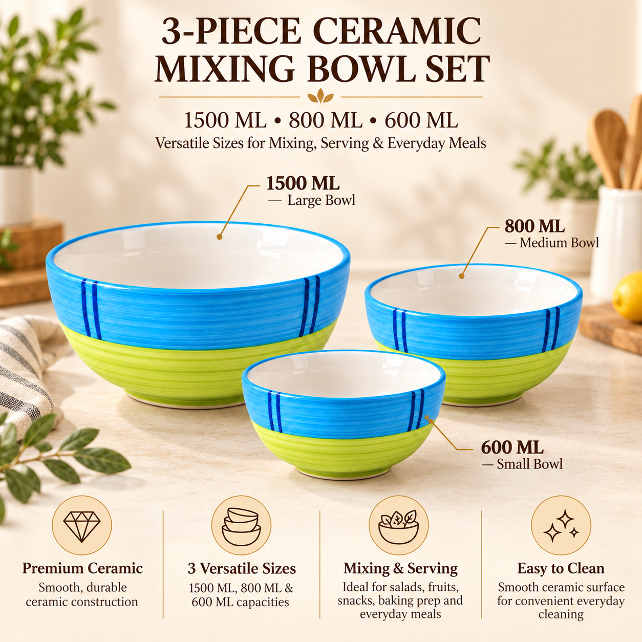 KunhaR Ceramic Mixing Bowl Set, 1500 ml, 800 ml & 600 ml, Green | Set of 3 Nesting Bowls for Mixing, Serving, Salad, Pasta, Snacks & Kitchen Prep - Image 7