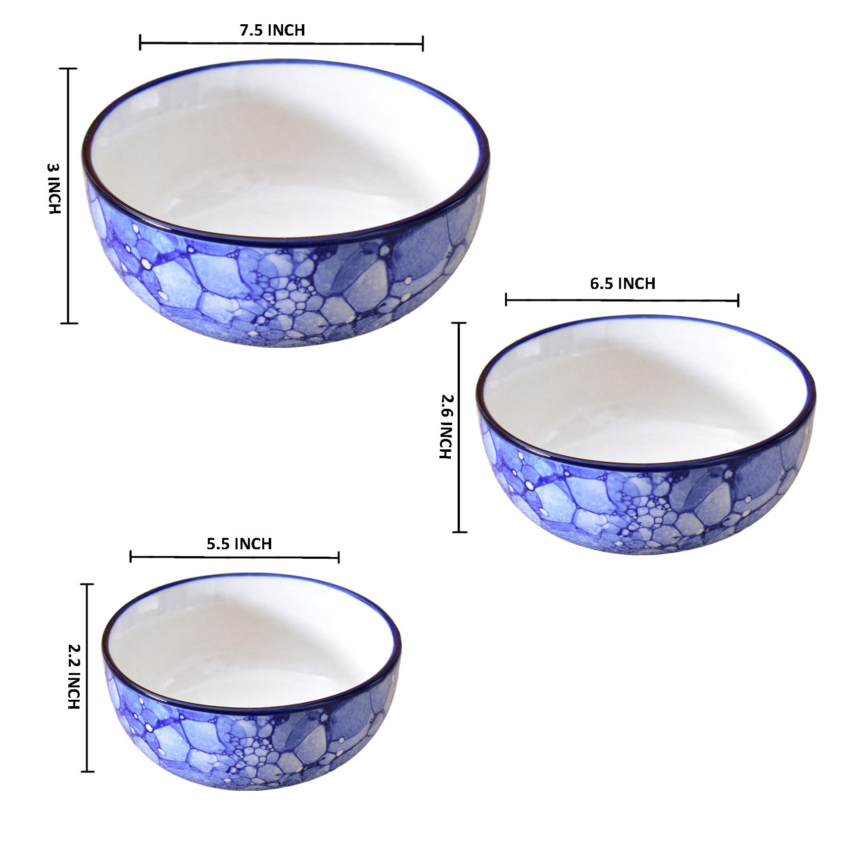 Kunhar Ceramic Mixing Bowls - 1500 ML, 800 ML and 600 ML, 3 Pieces, Blue Luster - Image 2