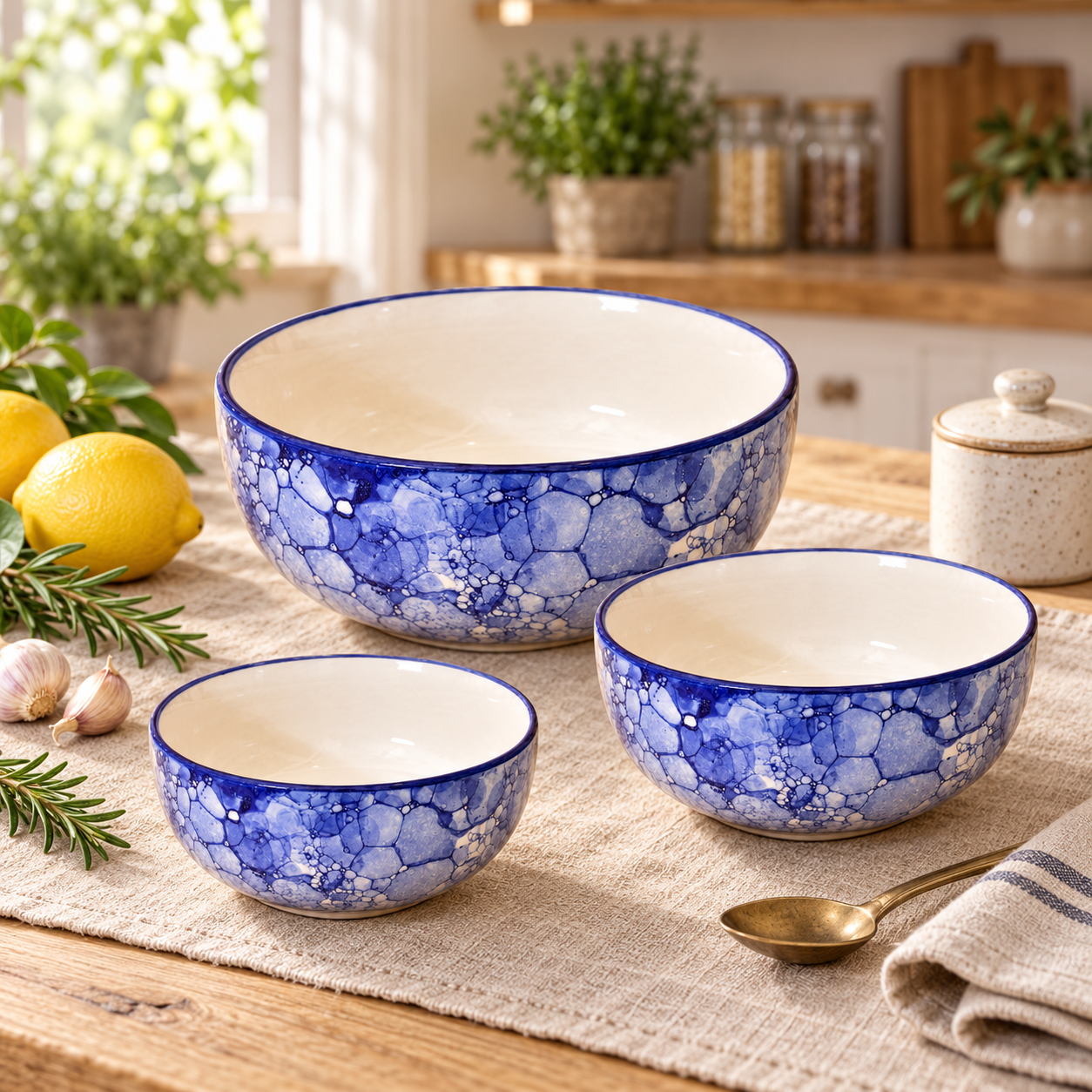 KunhaR Ceramic Mixing Bowl Set, 1500 ml, 800 ml & 600 ml, Blue Luster | Set of 3 Nesting Bowls for Mixing, Serving, Salad, Pasta, Snacks & Kitchen Prep