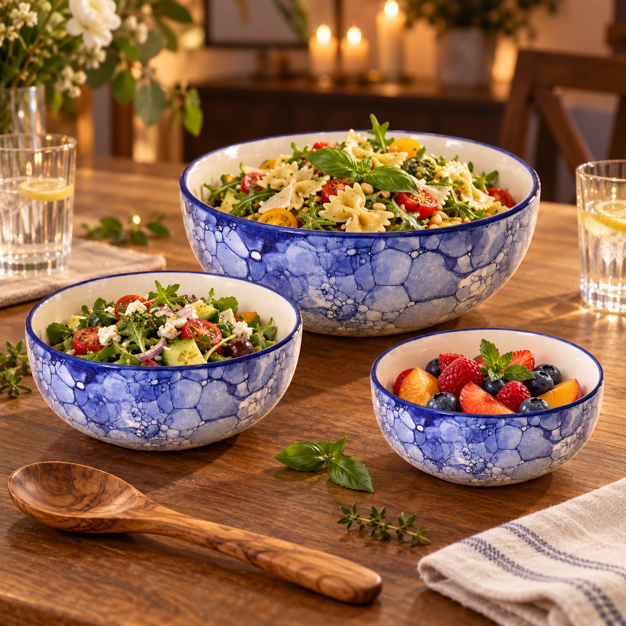 KunhaR Ceramic Mixing Bowl Set, 1500 ml, 800 ml & 600 ml, Blue Luster | Set of 3 Nesting Bowls for Mixing, Serving, Salad, Pasta, Snacks & Kitchen Prep - Image 3