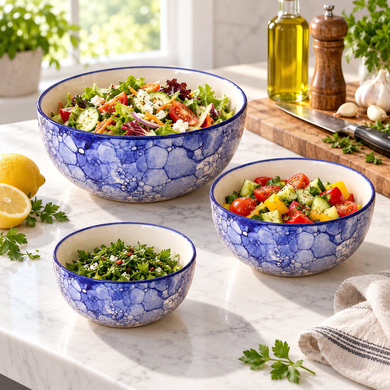 KunhaR Ceramic Mixing Bowl Set, 1500 ml, 800 ml & 600 ml, Blue Luster | Set of 3 Nesting Bowls for Mixing, Serving, Salad, Pasta, Snacks & Kitchen Prep - Image 4