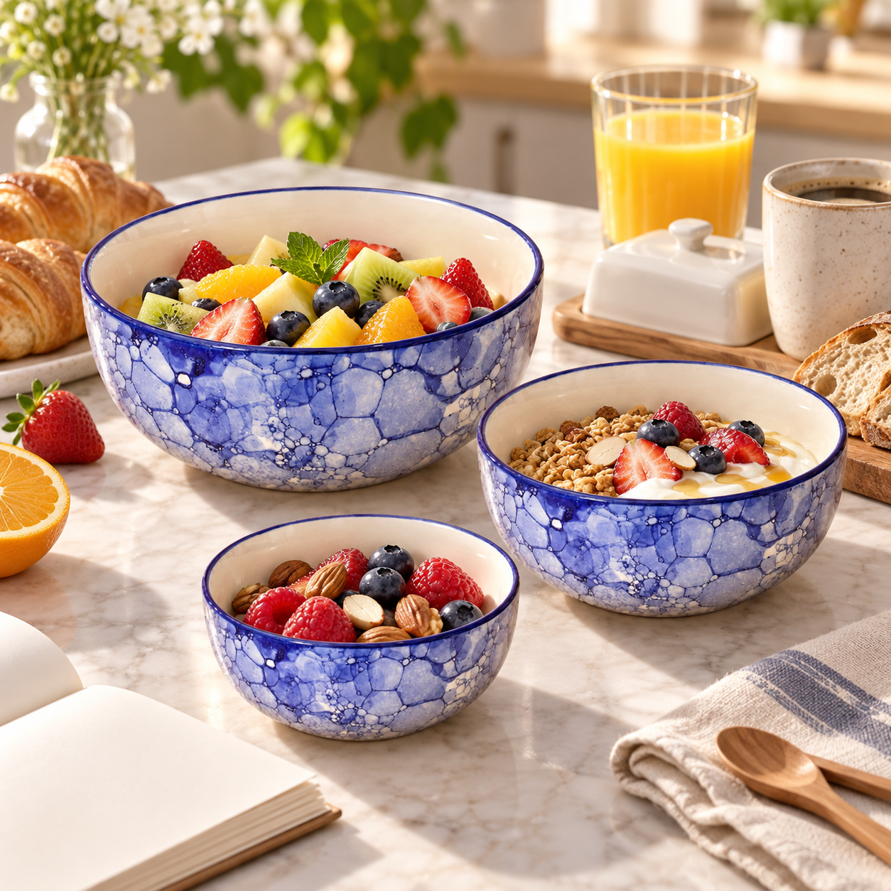 KunhaR Ceramic Mixing Bowl Set, 1500 ml, 800 ml & 600 ml, Blue Luster | Set of 3 Nesting Bowls for Mixing, Serving, Salad, Pasta, Snacks & Kitchen Prep - Image 5