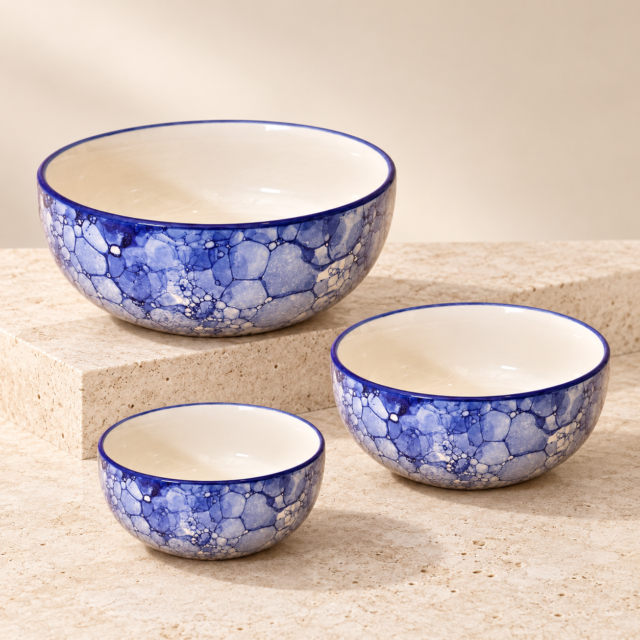 KunhaR Ceramic Mixing Bowl Set, 1500 ml, 800 ml & 600 ml, Blue Luster | Set of 3 Nesting Bowls for Mixing, Serving, Salad, Pasta, Snacks & Kitchen Prep - Image 6