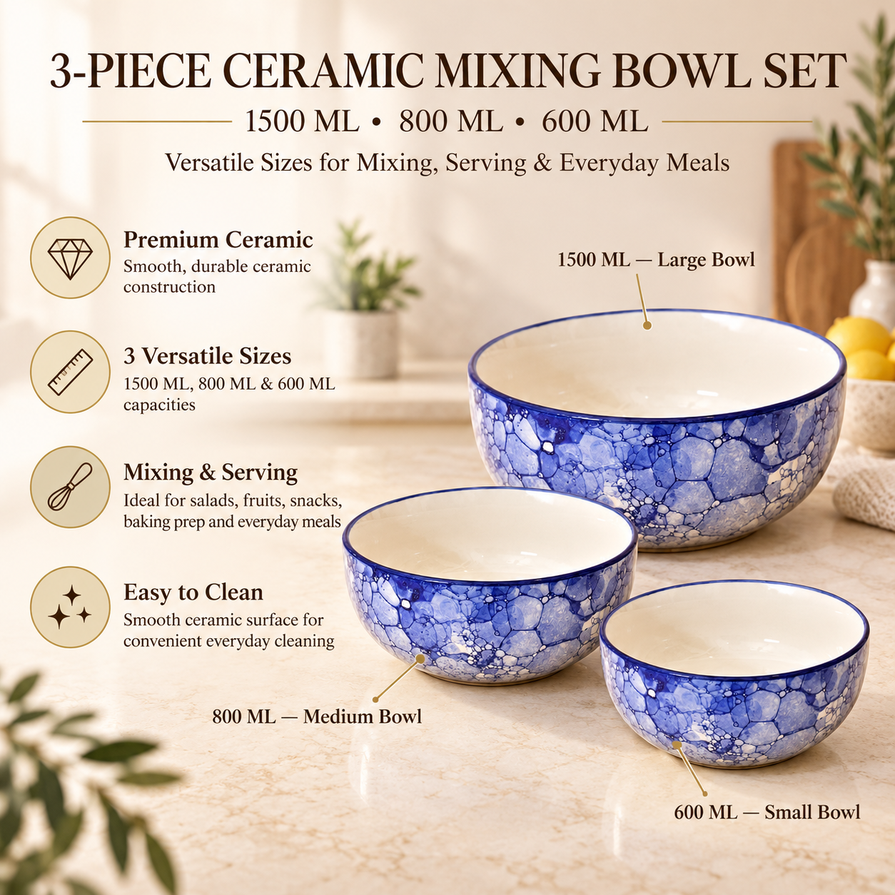 KunhaR Ceramic Mixing Bowl Set, 1500 ml, 800 ml & 600 ml, Blue Luster | Set of 3 Nesting Bowls for Mixing, Serving, Salad, Pasta, Snacks & Kitchen Prep - Image 7
