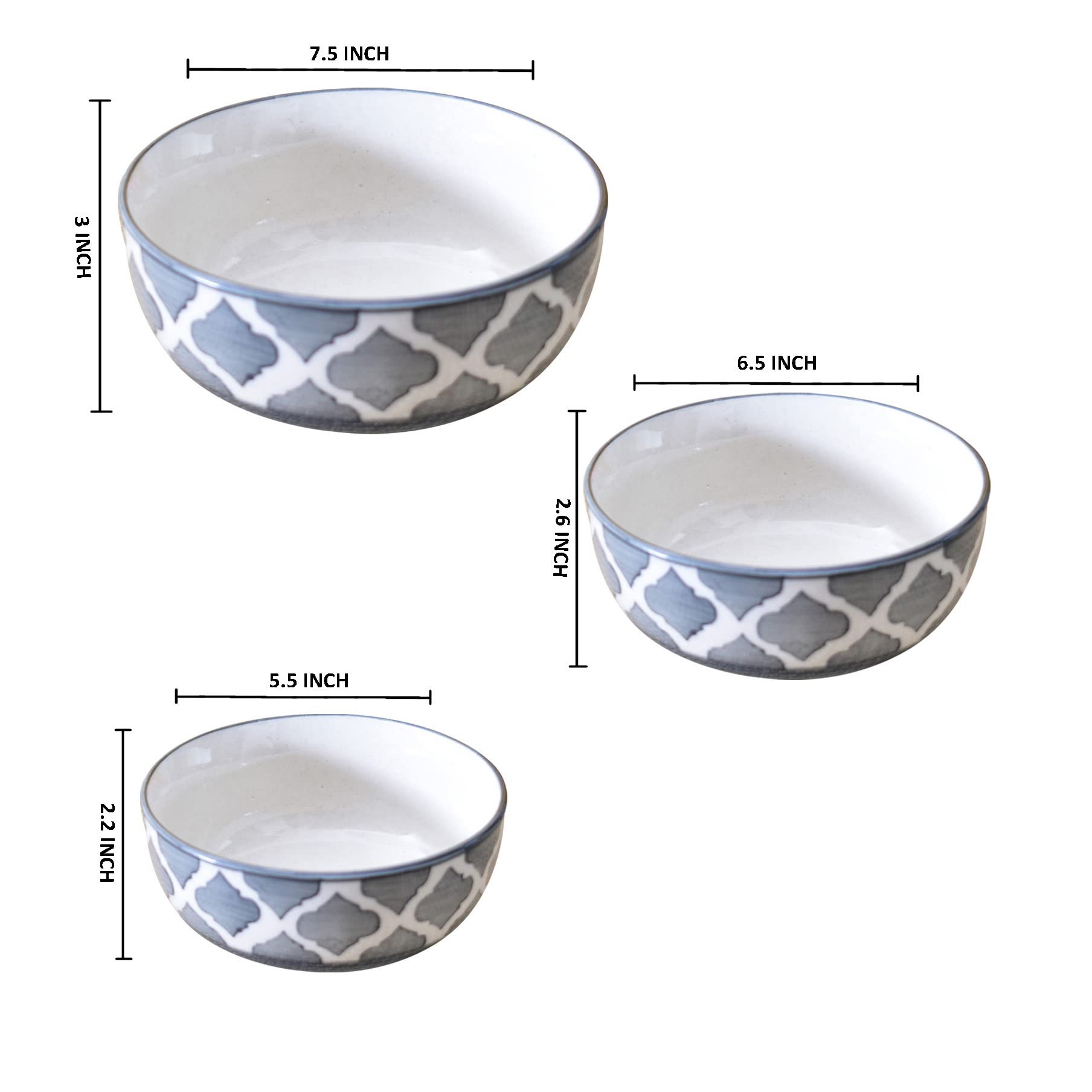 Kunhar Ceramic Mixing Bowls - 1500 ML, 800 ML and 600 ML, 3 Pieces, Grey - Image 2