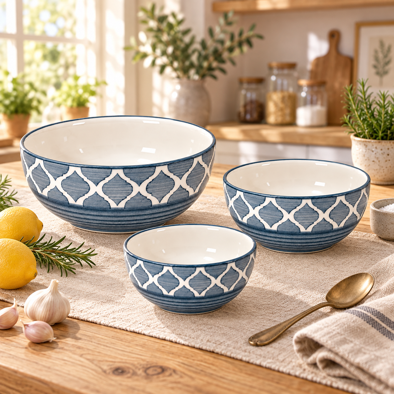 KunhaR Ceramic Mixing Bowl Set, 1500 ml, 800 ml & 600 ml, Grey | Set of 3 Nesting Bowls for Mixing, Serving, Salad, Pasta, Snacks & Kitchen Prep