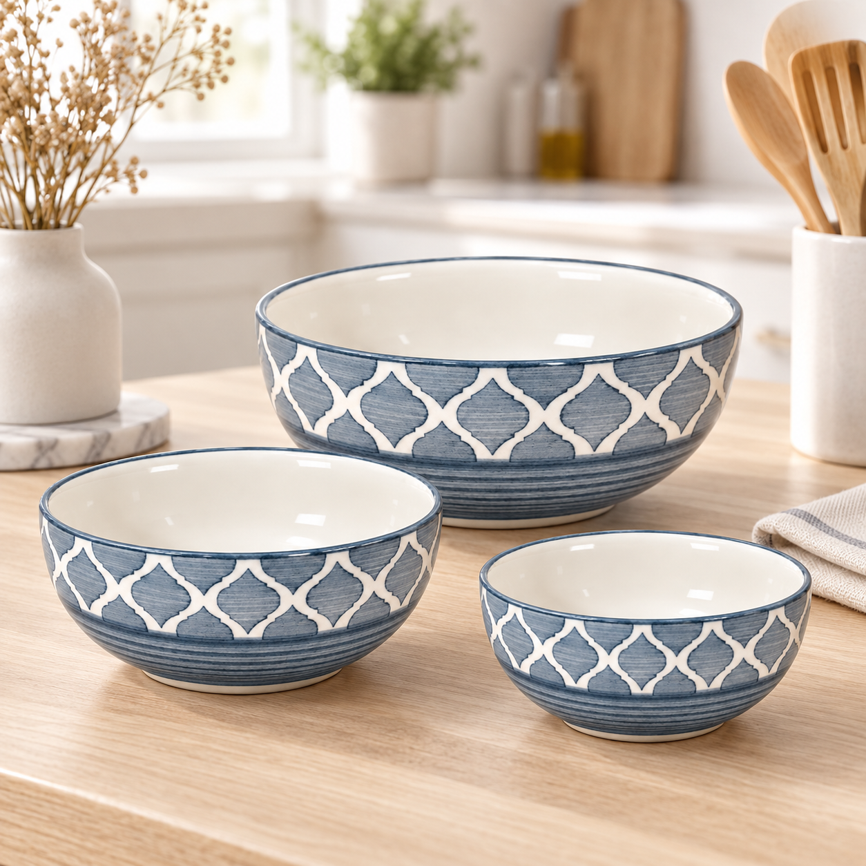 KunhaR Ceramic Mixing Bowl Set, 1500 ml, 800 ml & 600 ml, Grey | Set of 3 Nesting Bowls for Mixing, Serving, Salad, Pasta, Snacks & Kitchen Prep - Image 2