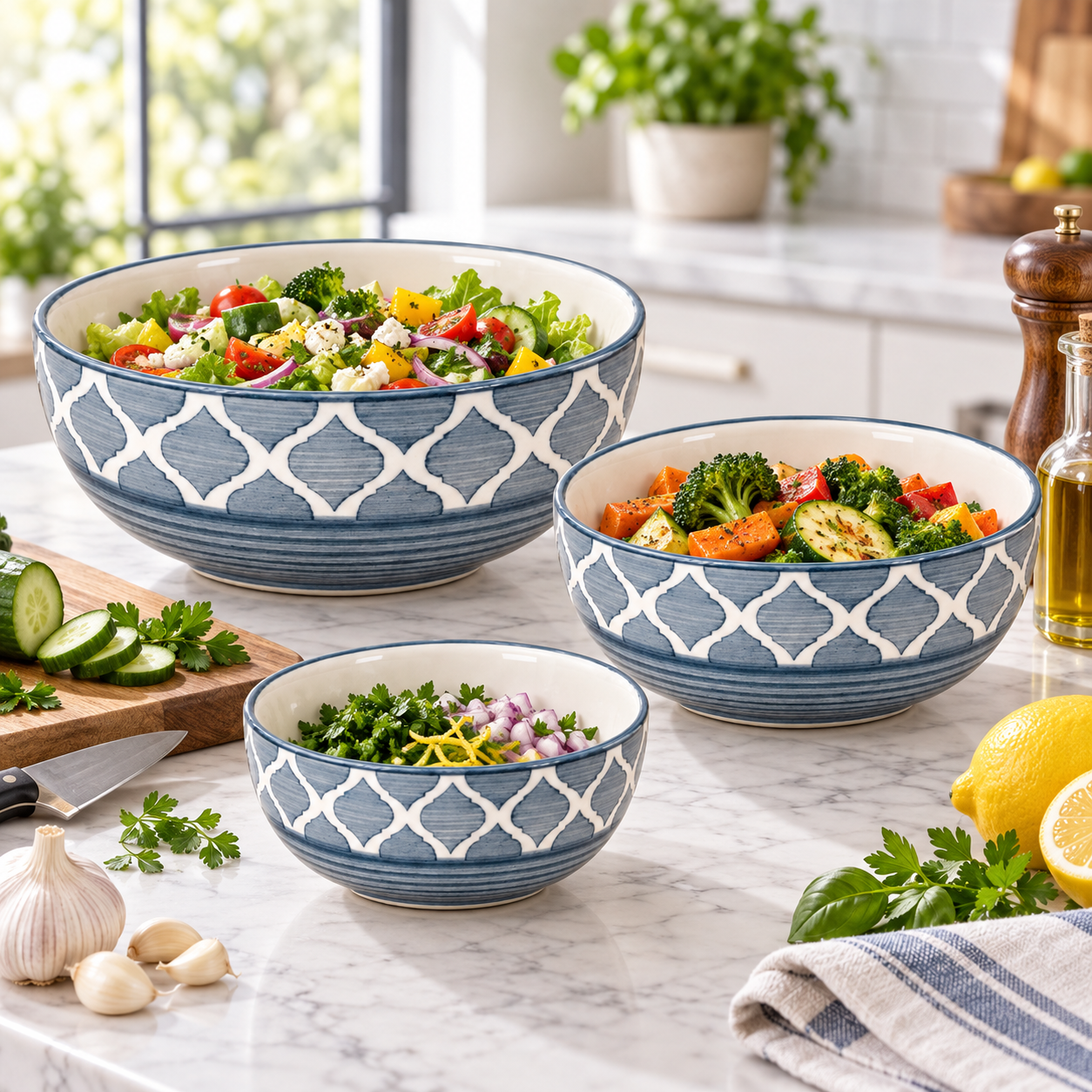 KunhaR Ceramic Mixing Bowl Set, 1500 ml, 800 ml & 600 ml, Grey | Set of 3 Nesting Bowls for Mixing, Serving, Salad, Pasta, Snacks & Kitchen Prep - Image 3