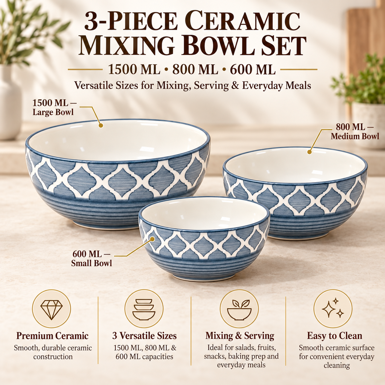 KunhaR Ceramic Mixing Bowl Set, 1500 ml, 800 ml & 600 ml, Grey | Set of 3 Nesting Bowls for Mixing, Serving, Salad, Pasta, Snacks & Kitchen Prep - Image 7