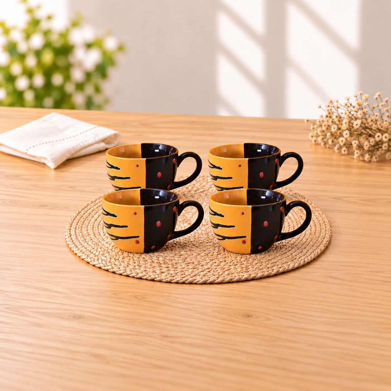 Kunhar Ceramic Soup Mug - Tiger Eye Black, 4 Piece, 350 ML