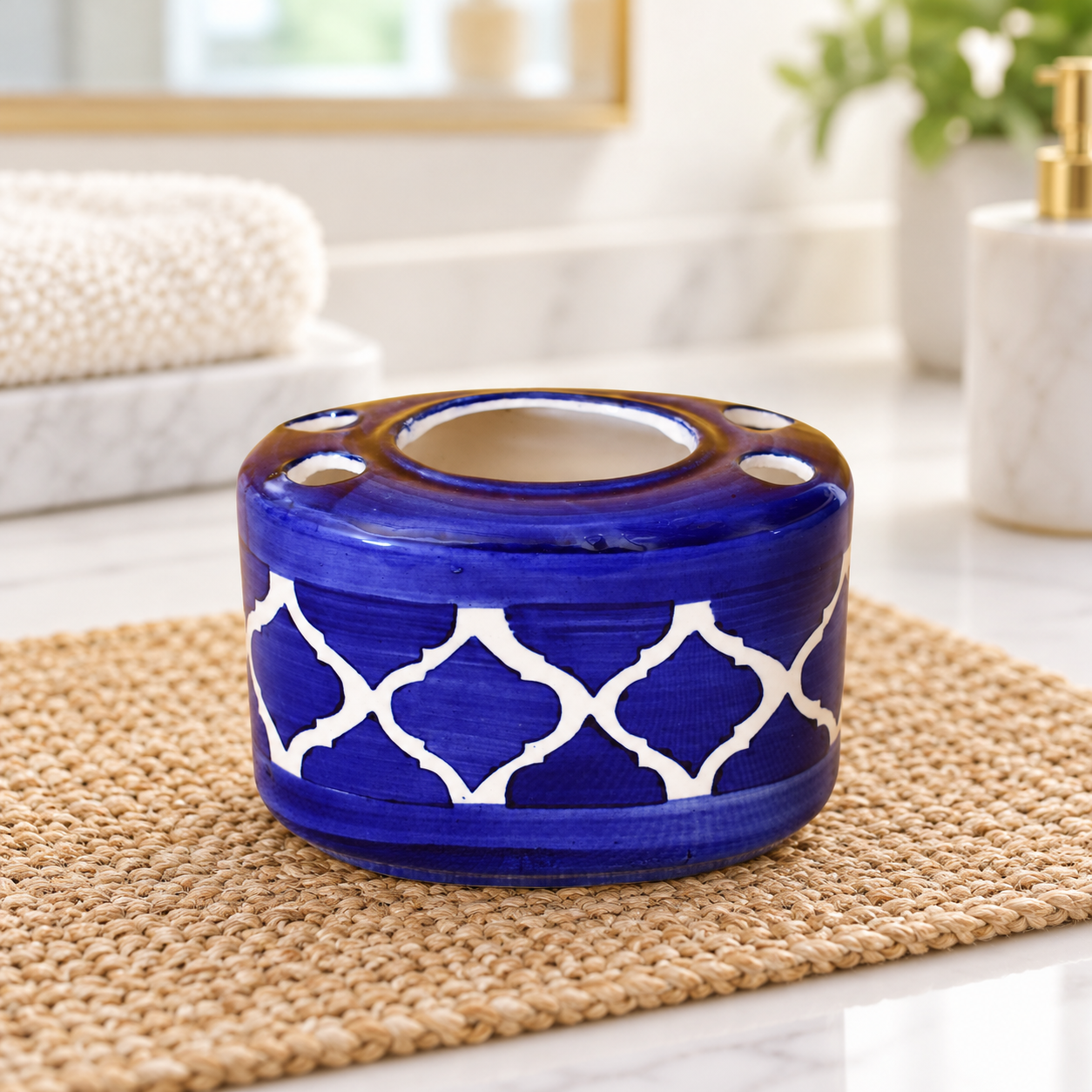 KunhaR Ceramic Toothbrush Holder Stand, Blue Chidi | 4 Toothbrush Slots & Central Toothpaste Compartment | Bathroom Counter Organizer, 1 Piece