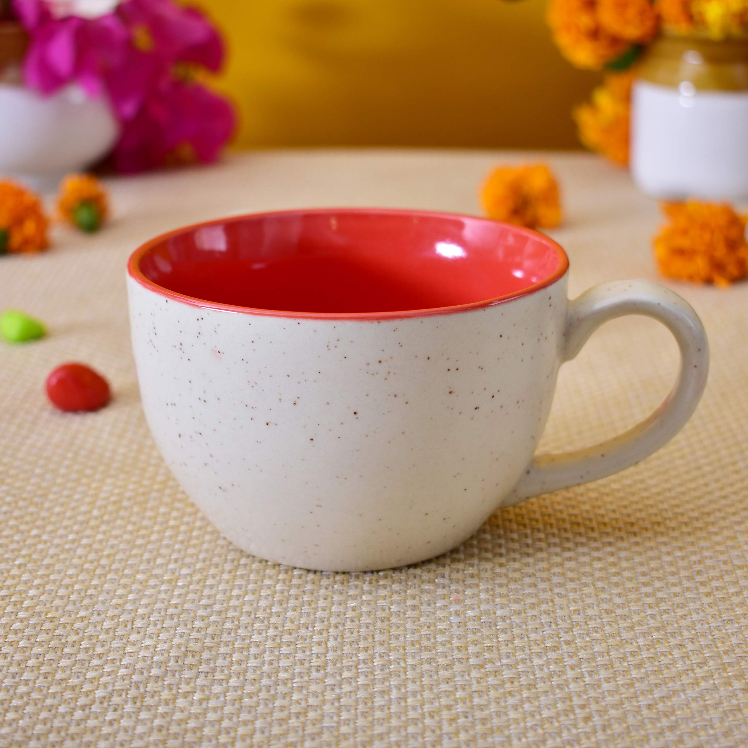 Kunhar Ceramic Soup Mug - White Red, 4 Piece, 350 ML - Image 3