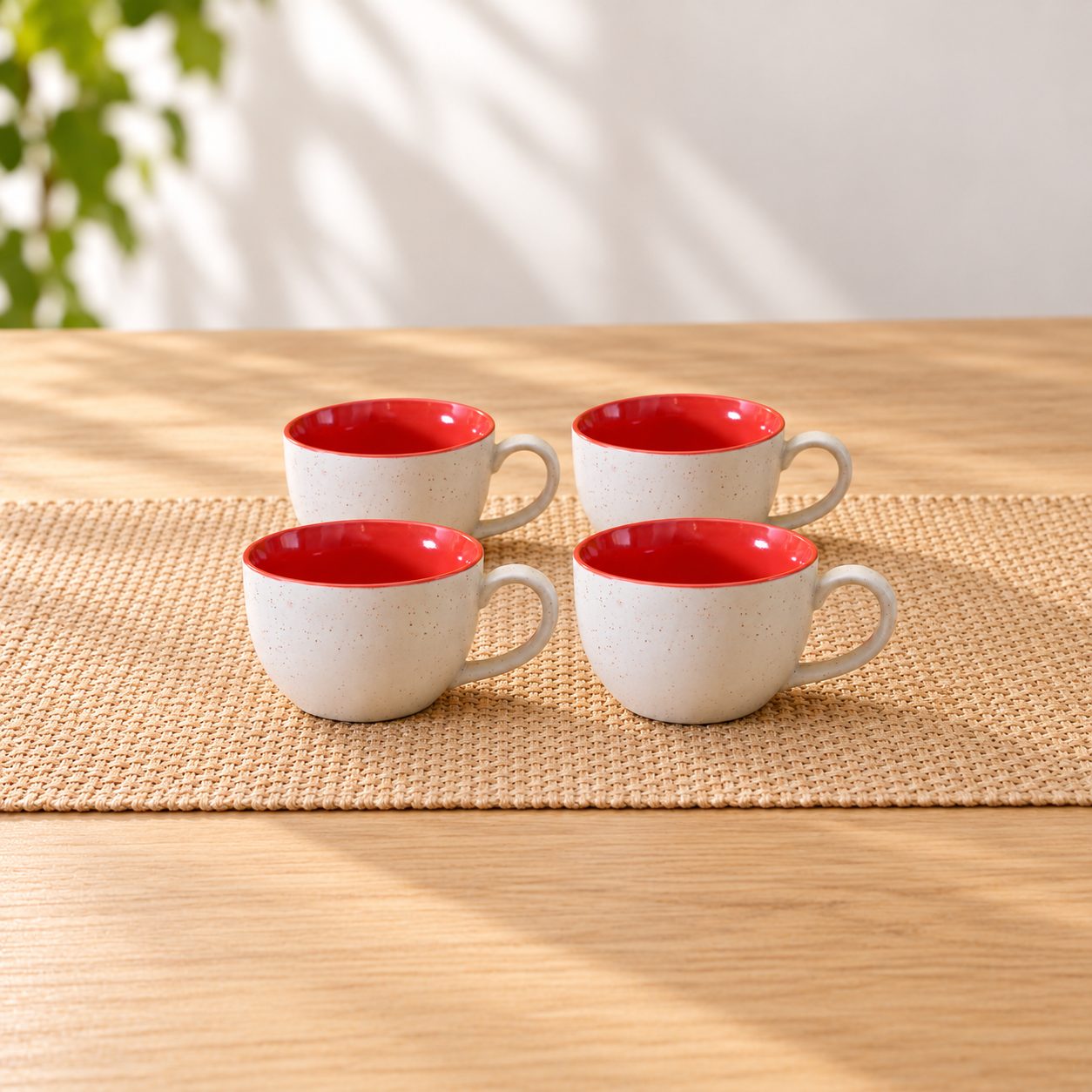 Kunhar Ceramic Soup Mug - White Red, 4 Piece, 350 ML