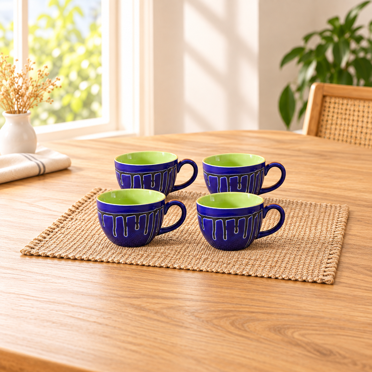 Kunhar Ceramic Soup Mug - Blue Green, 4 Piece, 350 ML